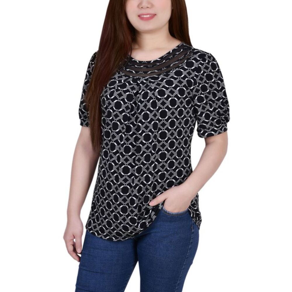 NY Collection Petite Short Puff Sleeve Mesh Inset Top